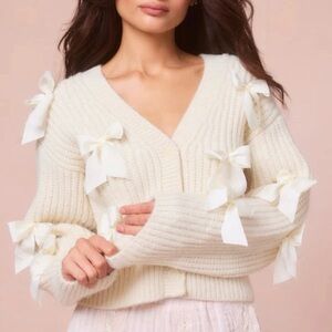 LoveShackFancy Ashtan Cream Wool Blend Cardigan Sweater with Bow Accents size S